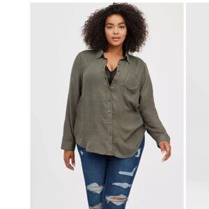 Torrid Relaxed Fit Olive Green Brushed Rayon Button-Up Shirt Size 4